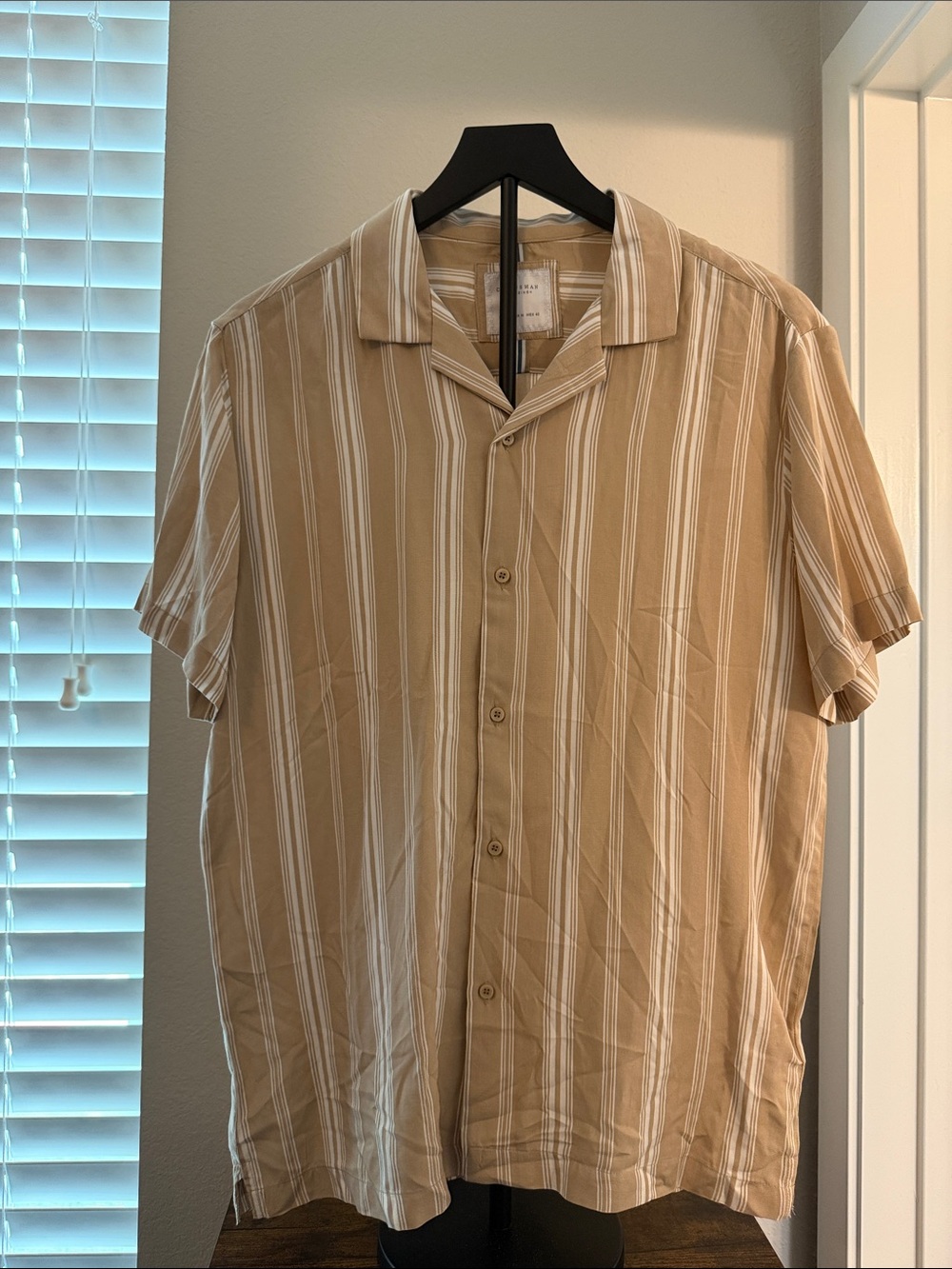 Cactus Tan and White Vertical Stripe Short-Sleeve Button-Down